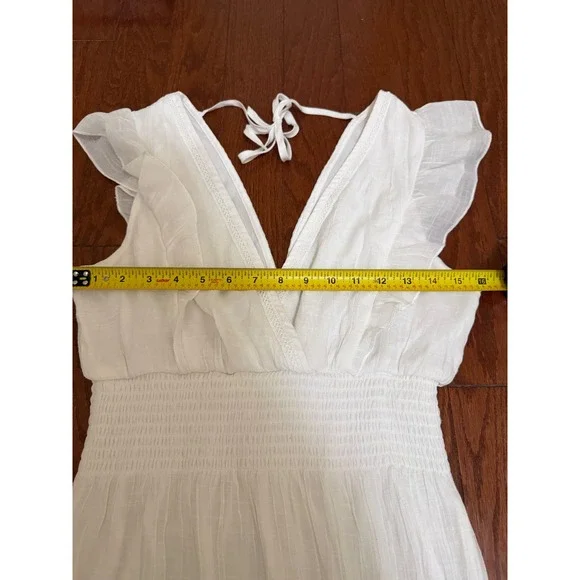 White Boho Smocked Maxi Dress V-Neck Flutter Sleeve Crochet Lace Trim small - Picture 6 of 7